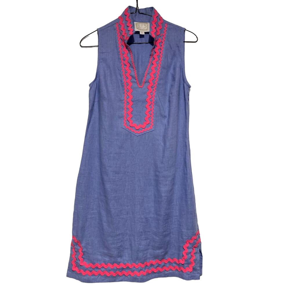 STS Sail to Sable Blue Linen Dress w Pink Ric Rac XXS Summer Classy Modest